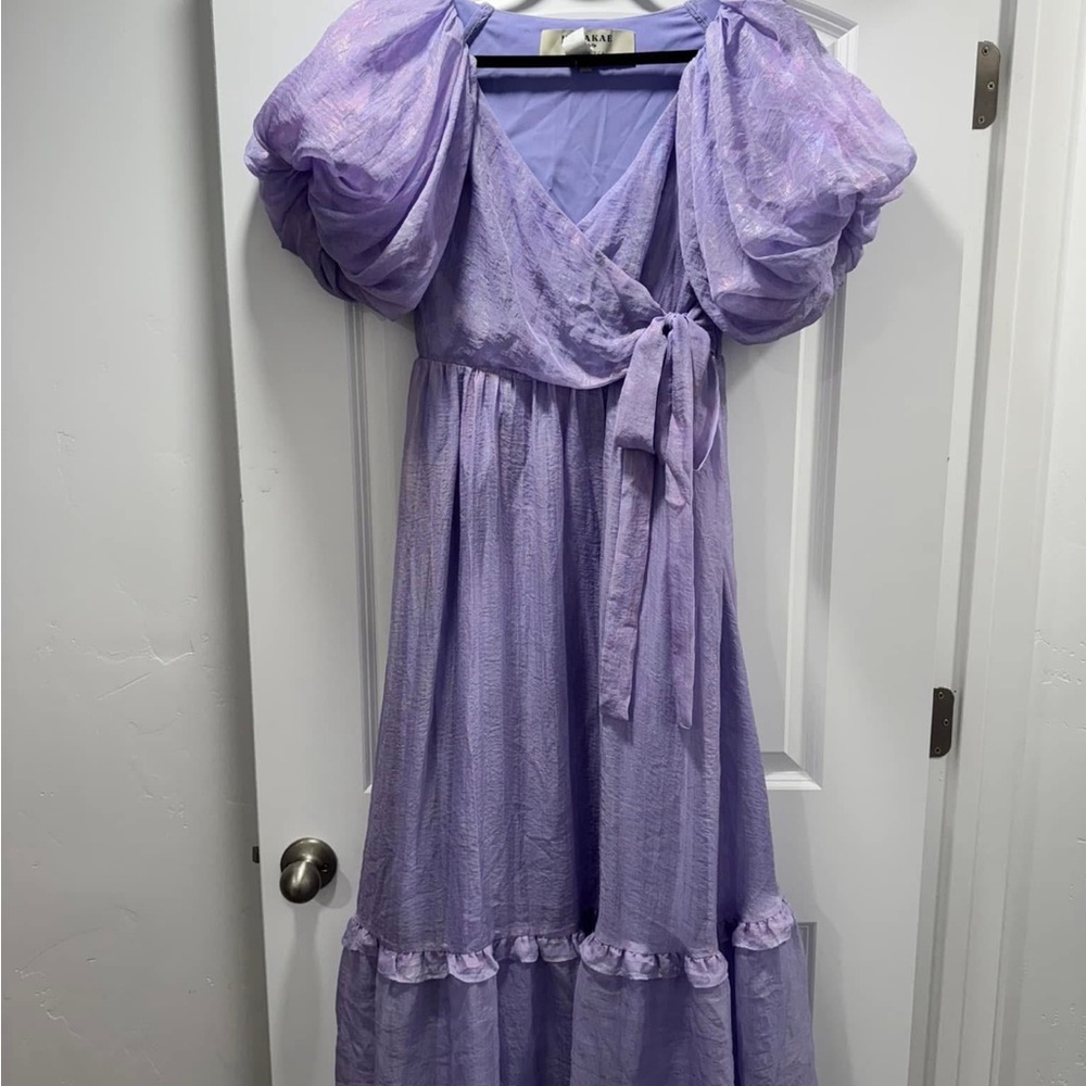 Purple Maxi Dress with Puff Sleeves and Tie Front